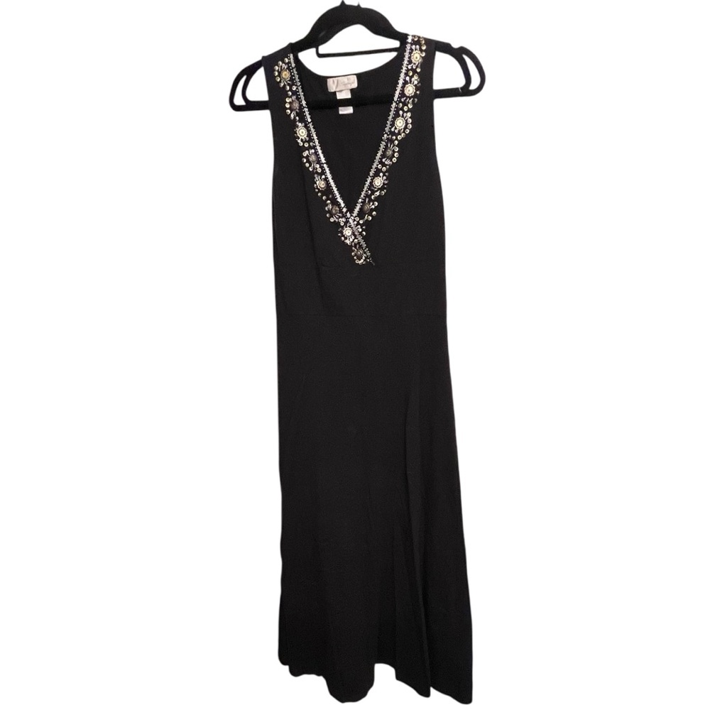 Spiegel size large black sleeveless maxi dress embellished V- neckline